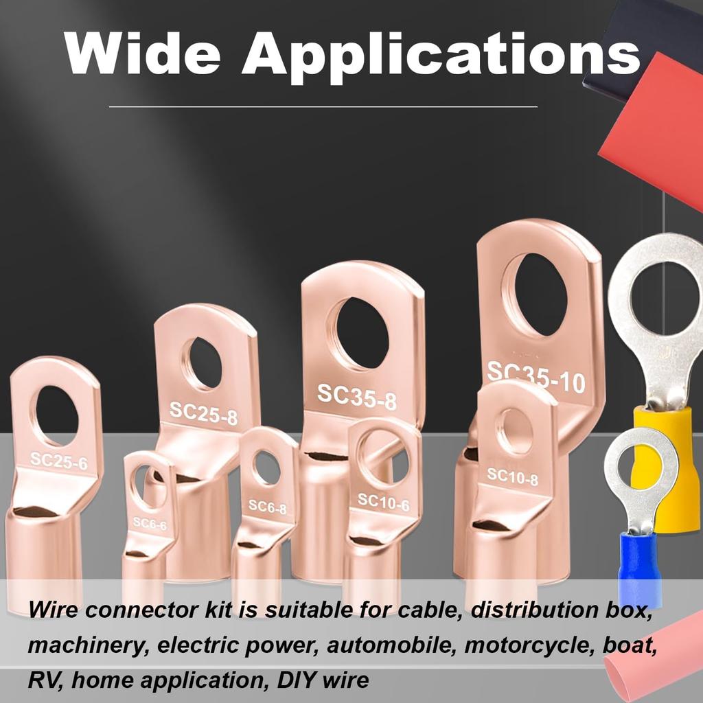 Taiss 110PCS Copper Wire Lugs,Battery Lugs AWG 2/4/6/8/10/12/14/16 Gauge Copper Lugs Assortment,Battery Cable Ends Copper Ring Terminals Connectors