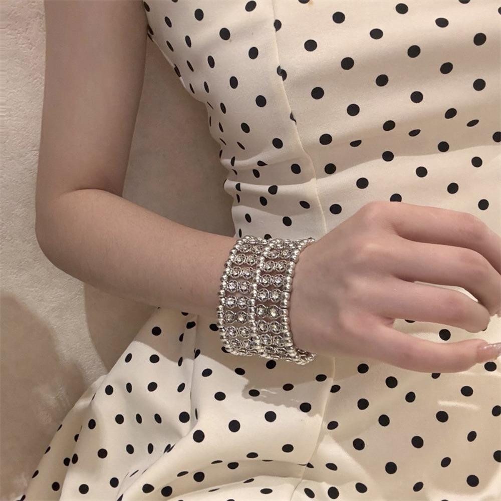 Elastic Wide Bangle Double Row Cuff Bracelet Trendy Rhinestone Bracelets For Women
