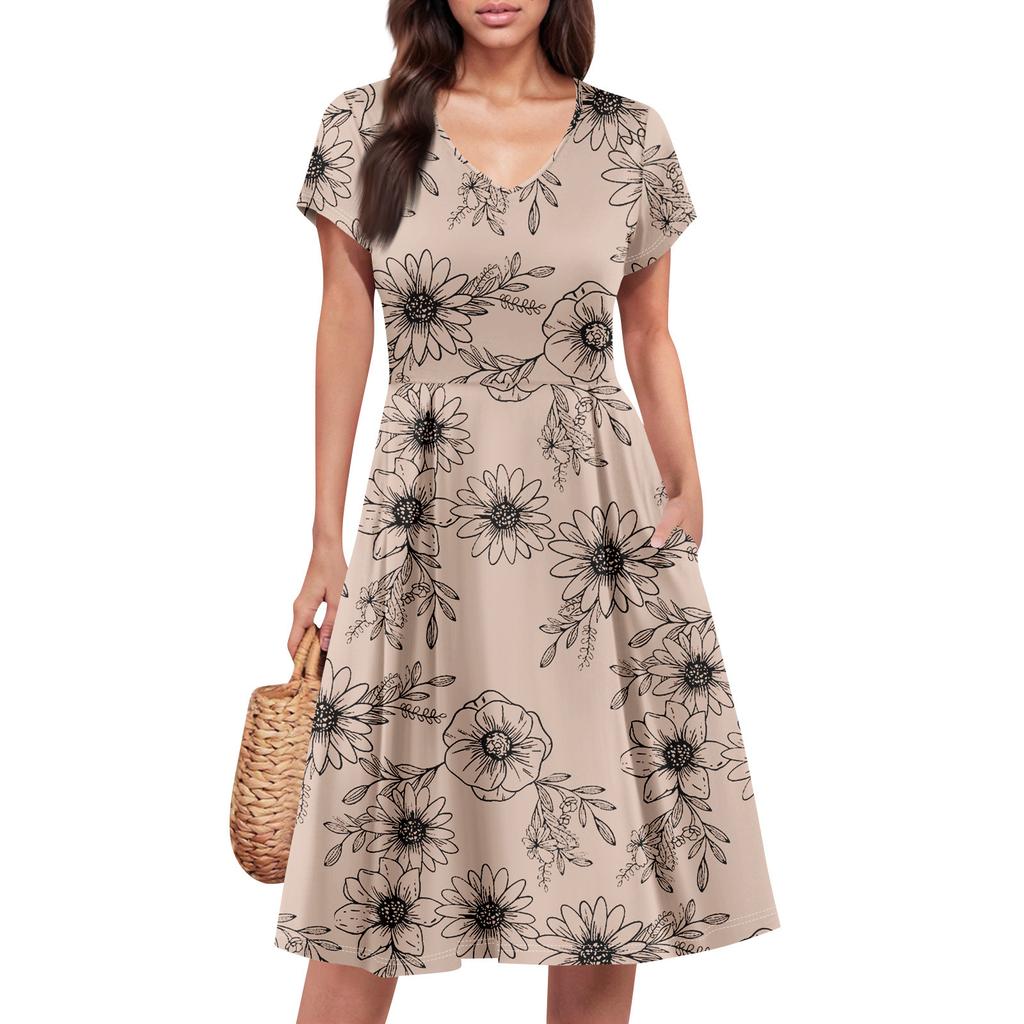 Womens Summer Dress Short Sleeve V Neck Short Dresses Fashion Casual Flowy A Line Swing Sundress With Pocket