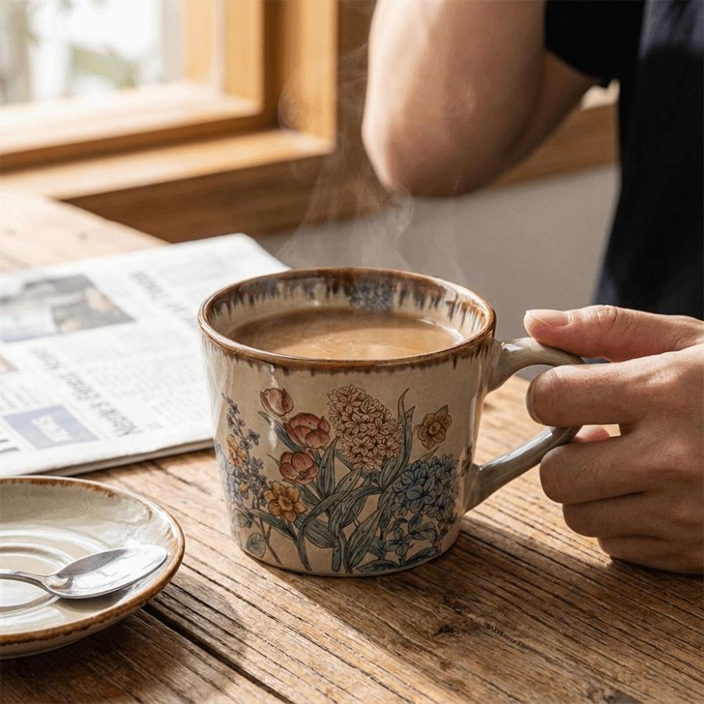 Floral Pattern Antique Style Mug Non-slip Milk Cup Decorative Ceramic Coffee Cup Travel