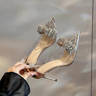 2024 Новые сверкающие хрустальные туфли-банты на высоком каблуке 9 см Элегантные элегантные туфли на тонком каблуке с острым носком Босоножки на высоком каблуке с неглубоким носком