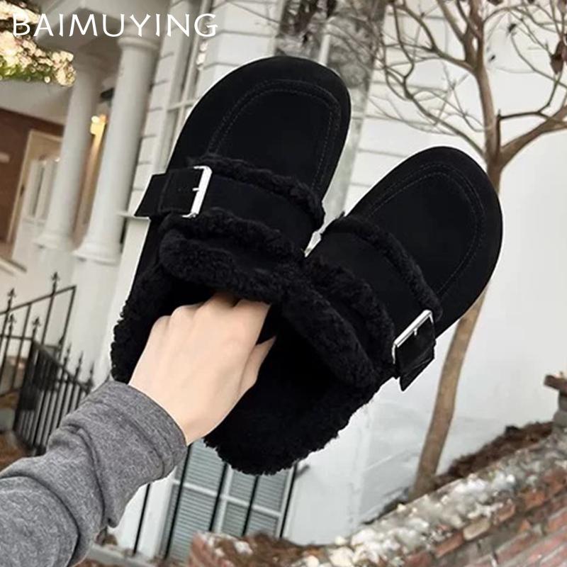 Меховые балетки женские хлопковые тапочки замшевые короткие плюшевые пряжки мюли обувь 2025 тренд теплые зимние сапоги уютные домашние зимние женские сапоги