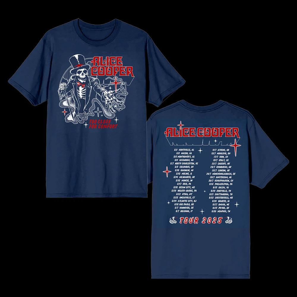 Alice Cooper 2025 Tour TShirt Too Close for Comfort Concert Dates Back Prin Unisex T-Shirt