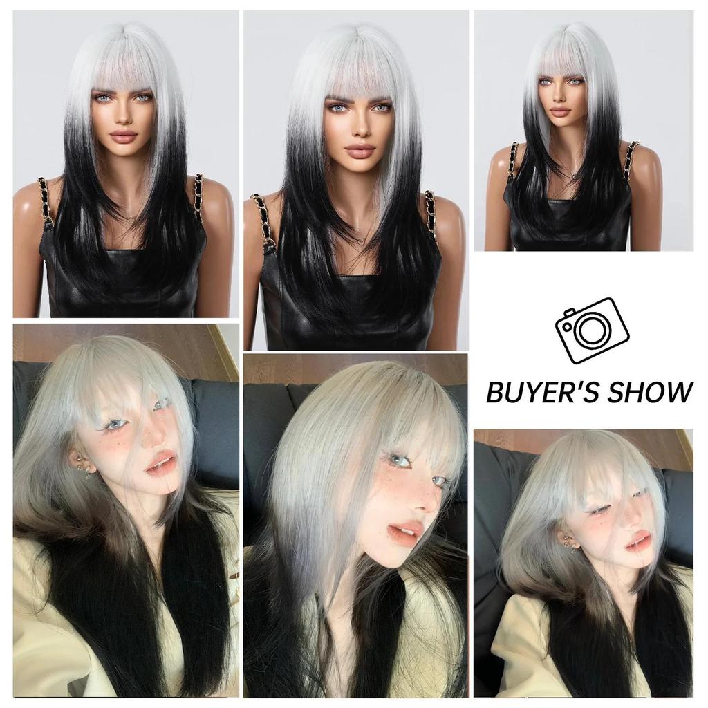 LOUIS FERRE Длинные прямые синтетические парики для женщин, белые, черные многослойные волосы с челкой, парики из термостойкого волокна на каждый день