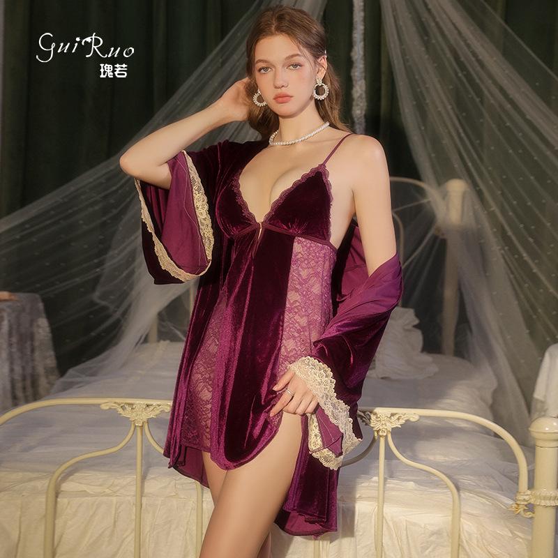 Women's Velvet Lace Deep V Padded Backless Sleep Dress with Robe Lounge Set