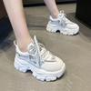 2024 Women Chunky Sneakers Spring PU High Heels Lace Up Platform Shoes for Women Solid Round Toe Vulcanize Shoes