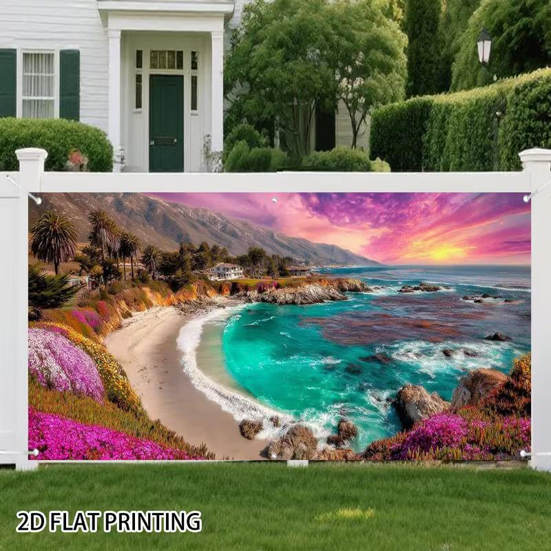 2D Tropical Beach Sunset with Pink Sky and Flowers Studio Background