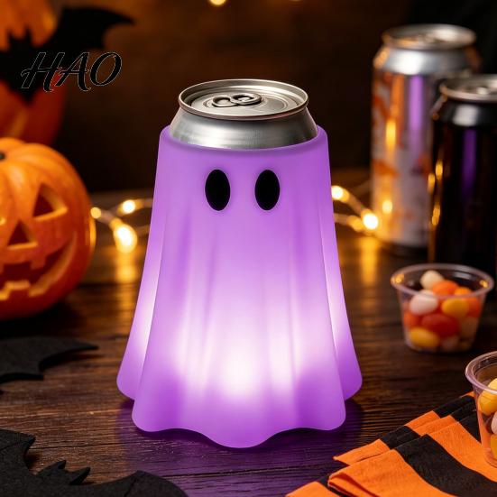 Halloween Beverage Can Sleeve 3D Printed Ghost Holder, Glow?in?the?Dark Soda Non Slip Protector Cup Cover, Cute Tabletop Decor for Party