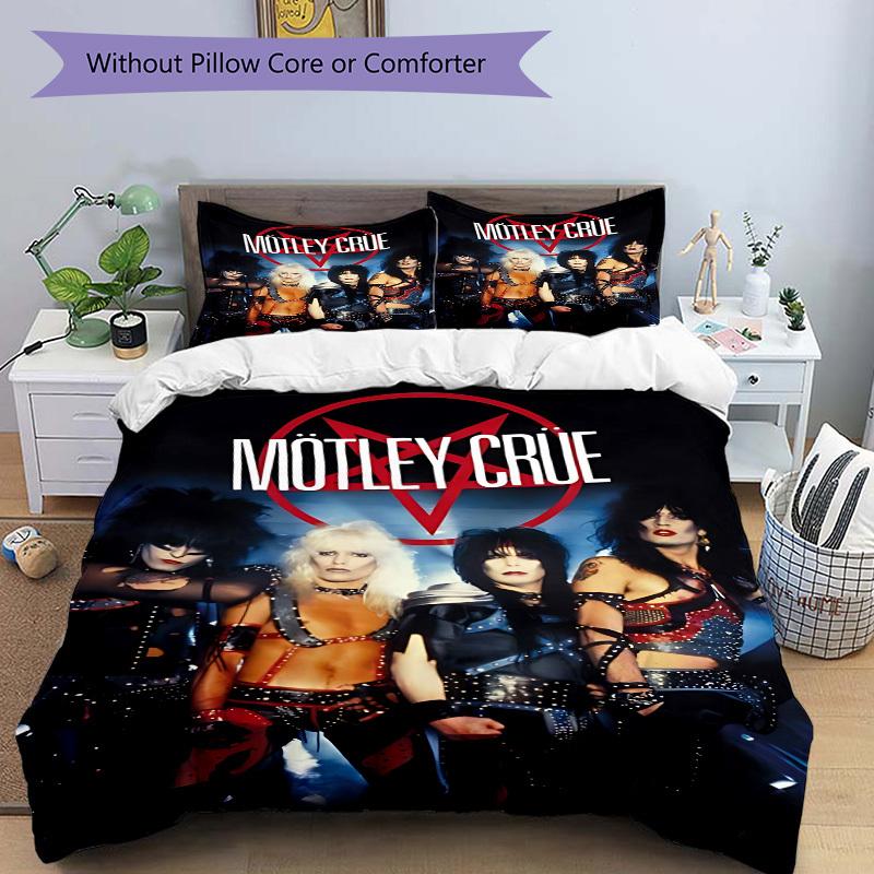 Набор пододеяльников Motley Crue, Glam Metal, 3 предмета - Можно стирать в машине, Включает 1 пододеяльник и 2 наволочки, Наполнитель не входит в комплект, Для дома, Все сезоны