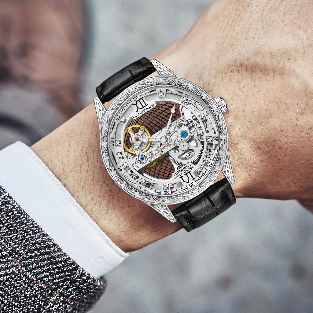 Инкрустированный бриллиантами полый резной циферблат автоматические механические часы мужские водонепроницаемые ночные часы в стиле ретро подходят для повседневного бизнеса