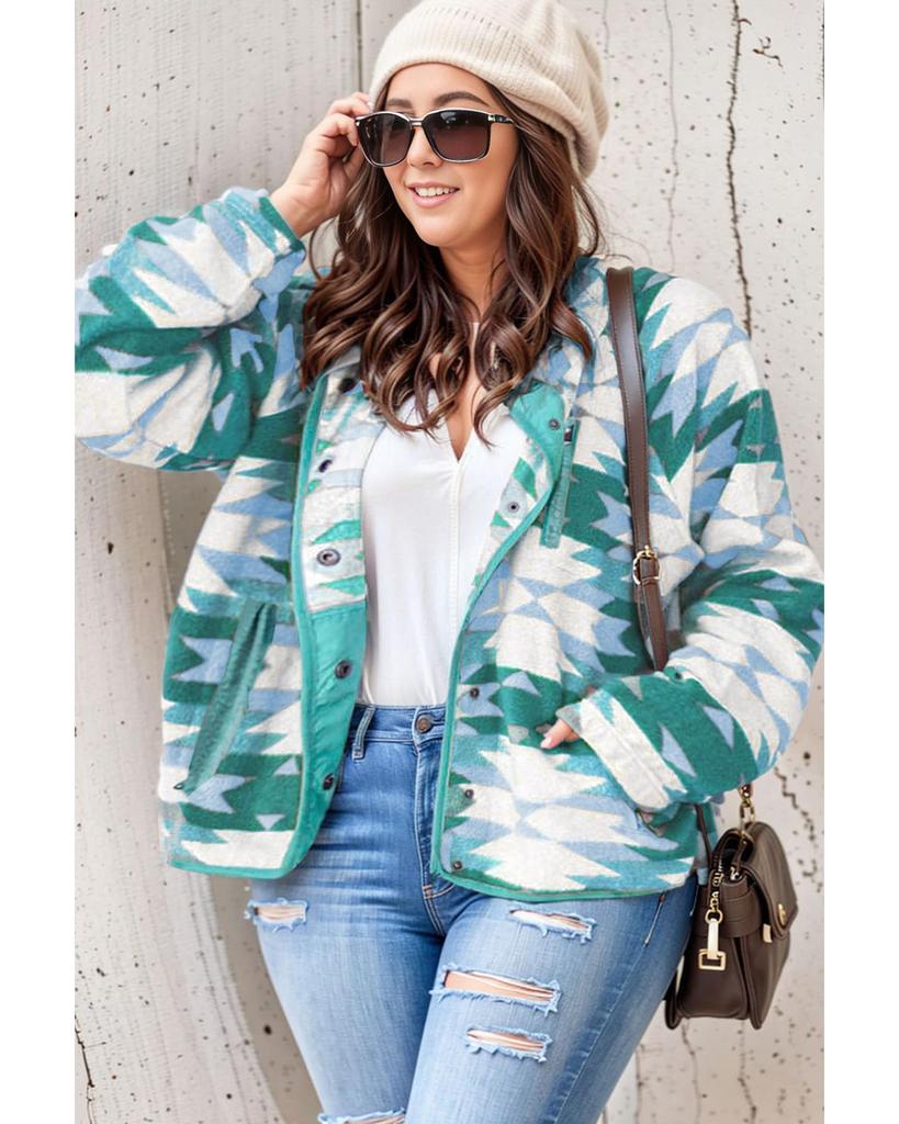 Azura Exchange Green Geometric Aztec Pattern Plus Size Fleece Jacket