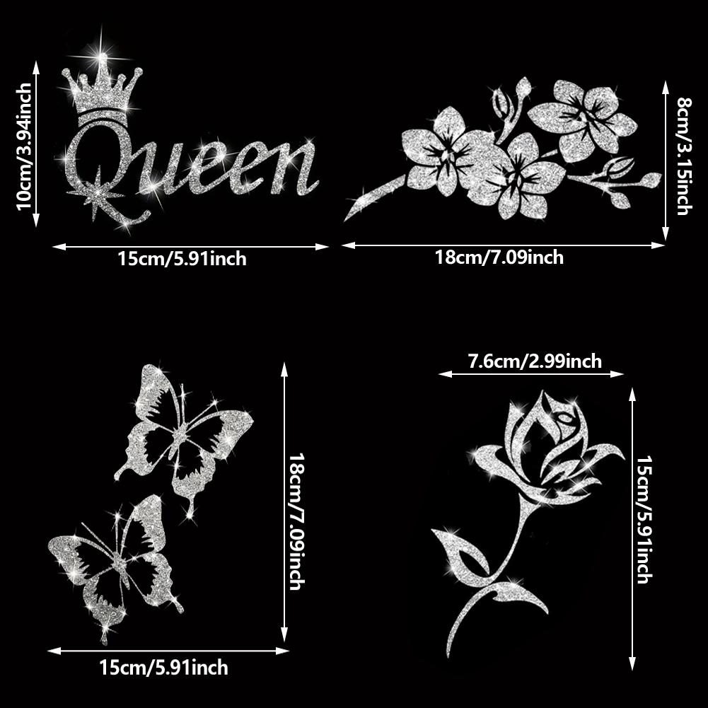 Car Crown Queen Butterfly Flower Rose Vehicle Decoration Sticker Sparkling Sandblasted Reflective Decal Sticker
