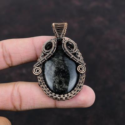 Серебряный блестящий обсидиановый кулон, обернутый медной проволокой, уникальный дизайн ювелирных изделий из меди, кулон из драгоценных камней ручной работы, свадебный подарок, проволочные украшения