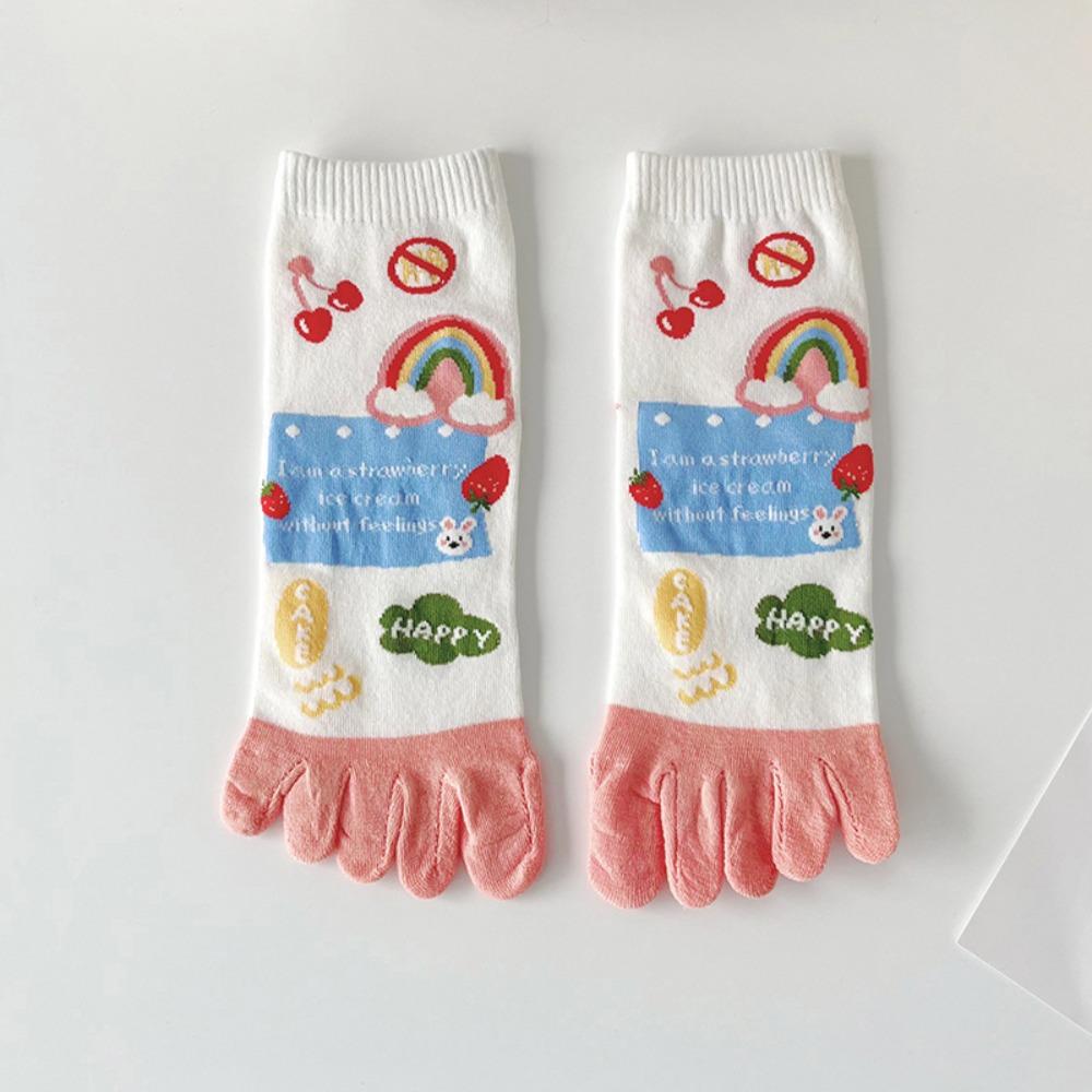 Cotton Five Fingers Women Socks Cartoon Medium Tube Socks Kawaii Split Toe Socks For Yoga Sports