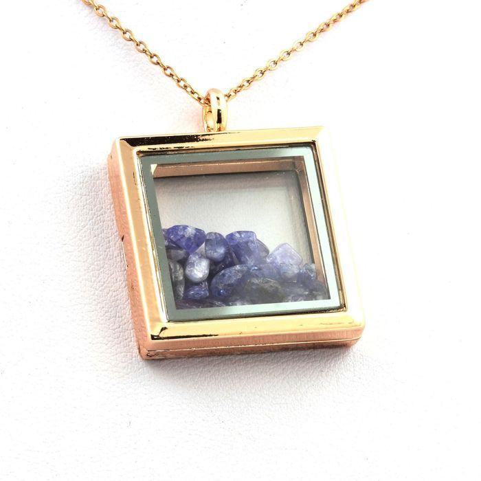 Stones and Minerals. Raw Tanzanite Necklace. Square Model. Color Rose Gold.