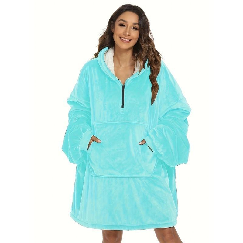 Grey Thick Double-Layer Hooded Lazy Sweatshirt Blanket Women Soft Warm Loungewear