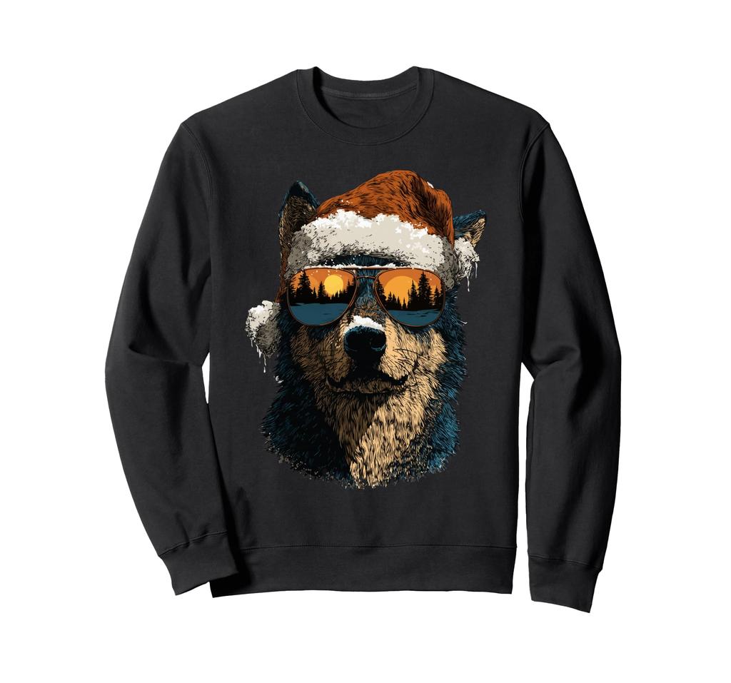 Wolf with sunglasses, snow, Santa hat, snowy Christmas, animal, sweatshirt