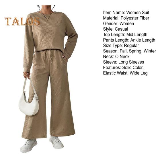 2 шт./комплект женский топ брюки костюм O-образный вырез длинные рукава однотонный спортивный свитшот завязывающийся на резинке талия широкие брюки фитнес-наряд осень весна