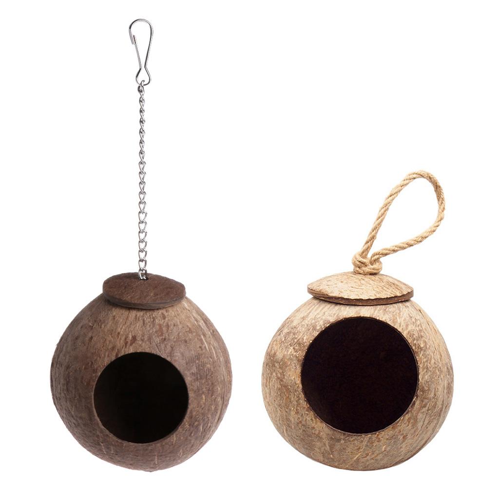 Natural Coconut for Shell Bird Nest House Hut Cage Feeder Toy with Hanging Lanyard for Pet Parrot