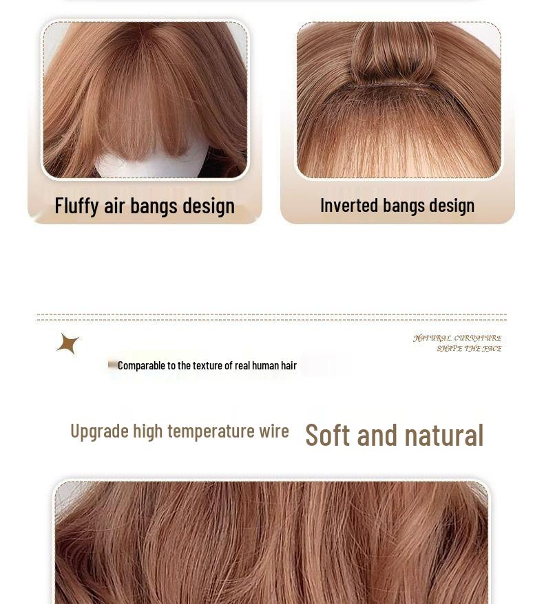 Champagne Color Long Curly Wig with Air Bangs - Korean Style for Women