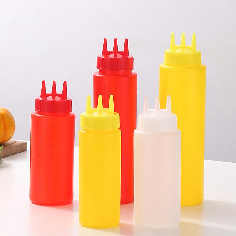 3 Holes Sauce Squeeze Sauce Bottles Condiment Dispenser With Lids Oil Bottle Kitchen Tool Seasoning Mustard Salad Storage Jar