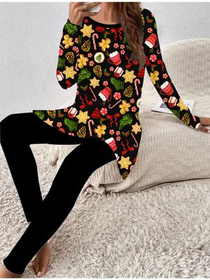 Евро-американская мода 3D Рождественский принт Женский четырехсезонный комплект из двух предметов: футболка с длинным рукавом + длинные брюки. Идеальный подарок на Новый год и Рождество