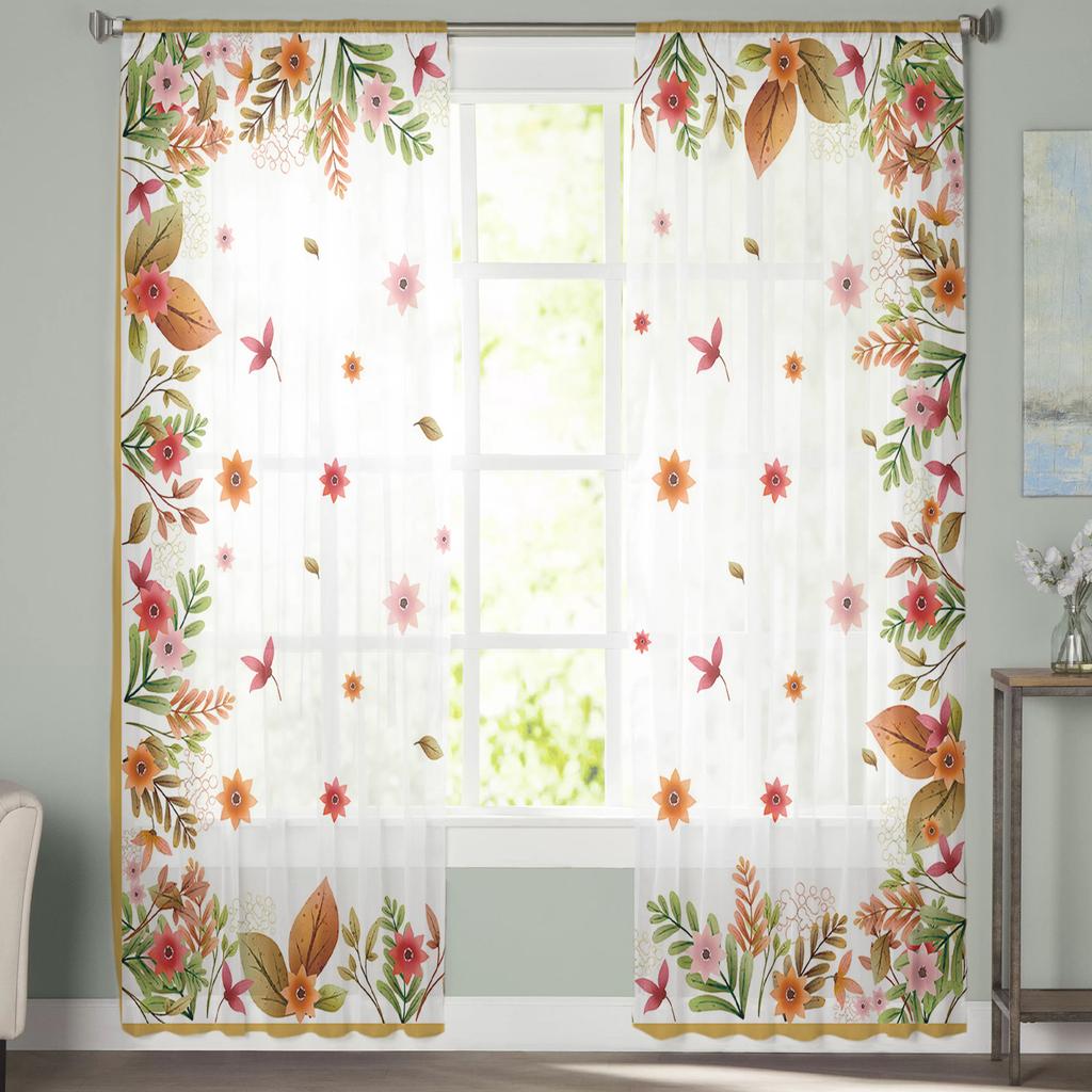 Autumn Leaves Watercolor Sheer Window Curtains For Living Room Kitchen Children Bedroom Voile Hanging Curtain