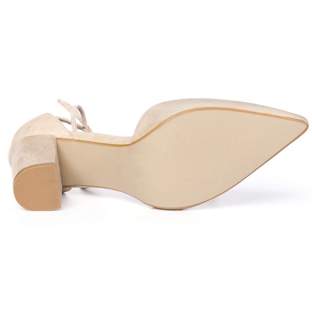 Allegra K Women's Ankle-Tie Chunky Heel Pointed Toe Pumps, Beige, Size 24.5cm