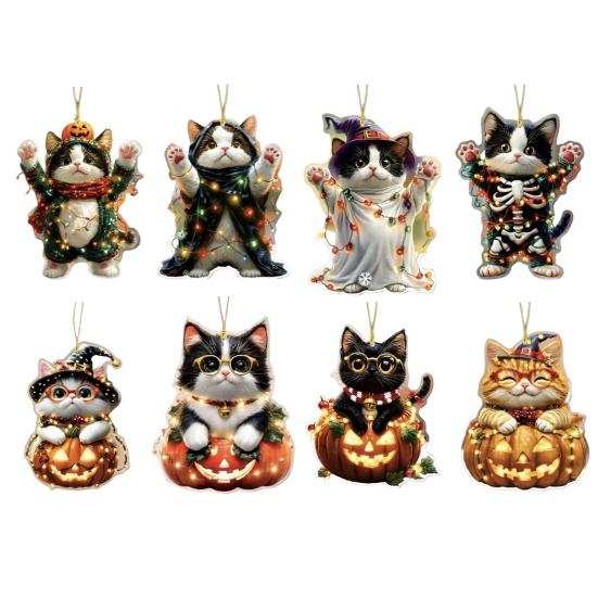 Car Halloween Rearview Mirror Hanging Pendant Cartoon Skull Cat Auto Interior Accessory 2D Flat Acrylic Hanging Charm for Car Backpack