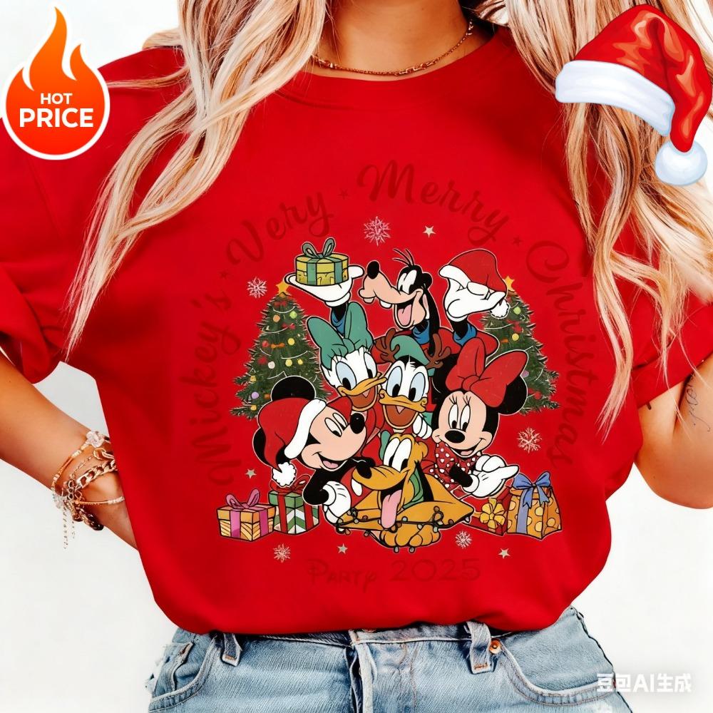Рождественская футболка Disney Микки Маус для мальчиков и девочек, летняя, повседневная, унисекс, свободный топ с коротким рукавом
