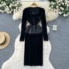 Autumn Winter Women Vintage Hepburn Style Beading Black Velvet Office Work Slim Bodycon Pencil Dresses