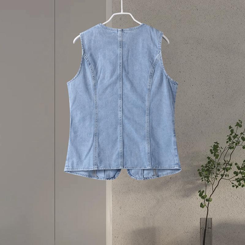 Fashion Button Denim Vest Women's Round Neck Sleeveless Solid Color Jacket Temperament Casual Vest Commute Harajuku Style Spring and Summer New