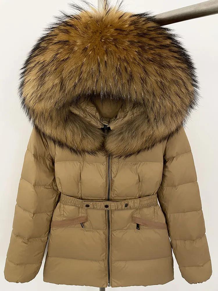 OFTBUY 2024 Winter Jacket Women Natural Real Raccoon Fox Fur Collar Hooded White Duck Down Coat Belt Thick Warm Casual Outerwear