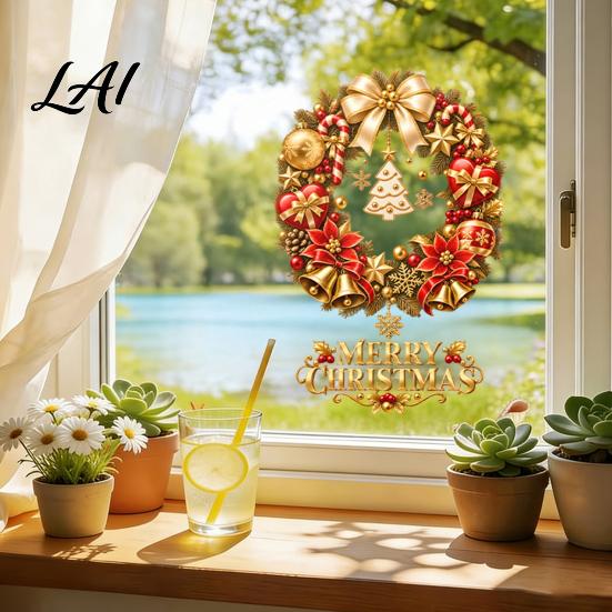 Easy Peel Glass Stickers Christmas Static Window Clings Tree & Wreath Stickers Cling Decorations PVC Reusable Decals for Shop Storefront,