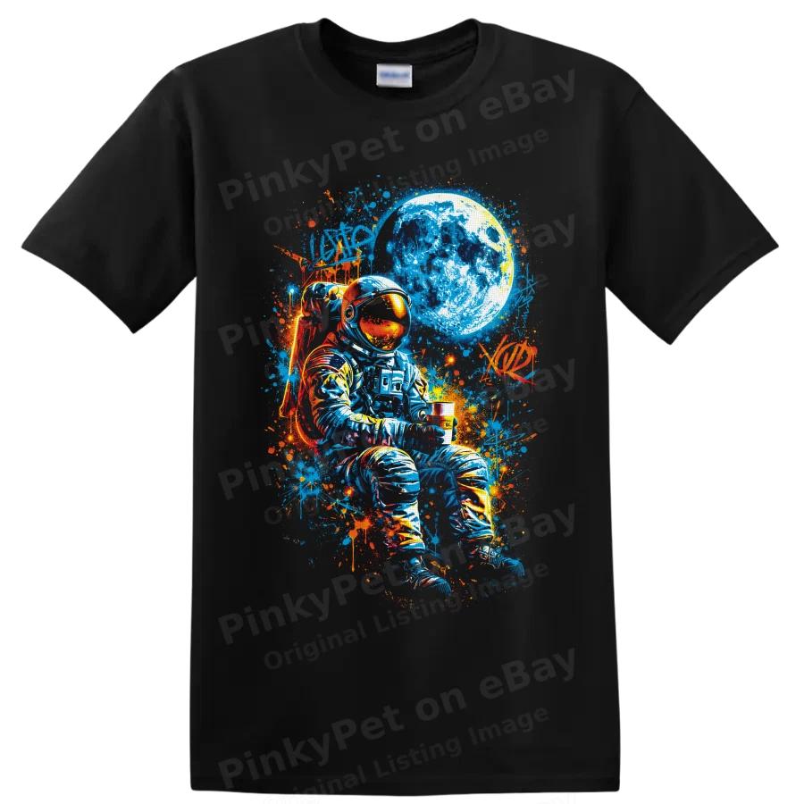 Astronaut Space Art T Shirt w/ Moon Cosmic Graffiti Streetwear Graphic Print Tee