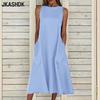 Женская мода лето весна однотонный принт без рукавов с круглым вырезом свободная талия повседневные платья