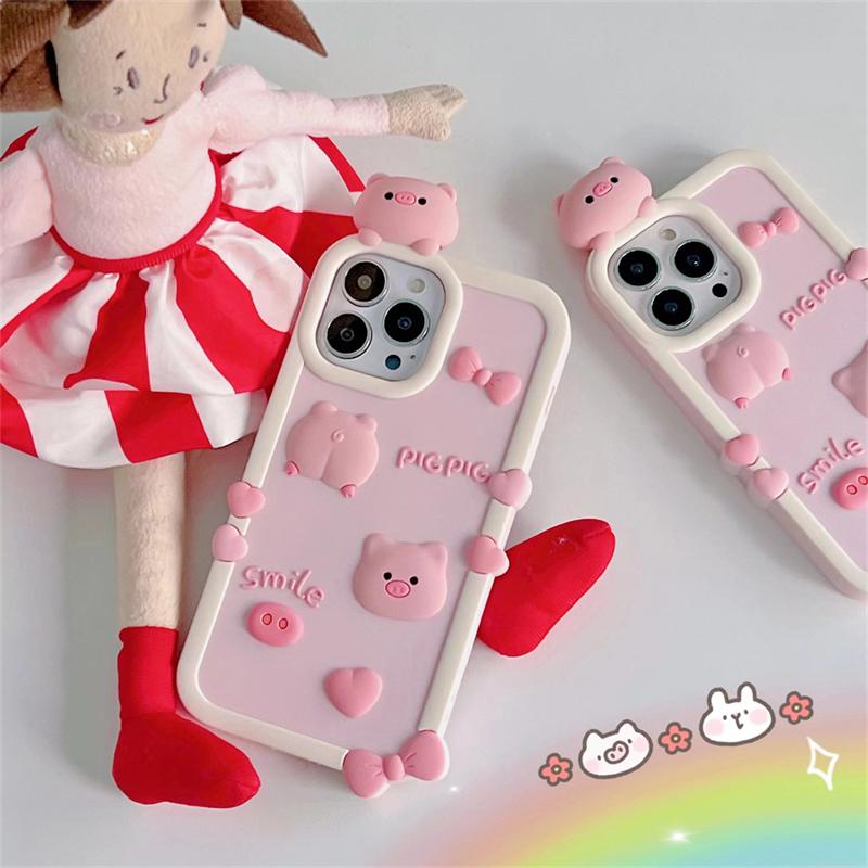 Ins Корейский милый 3d мультфильм свинья розовый силиконовый чехол для телефона для Iphone 13 12 11 Pro Max прекрасный защитный мягкий чехол с бантом