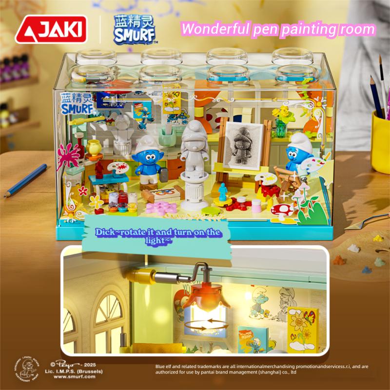 Non-Toxic Smurfs Painting Room Magic House Building Blocks Cartoon Hut Model Bricks With Dust Cover Kids Educational Toys Holiday Gifts