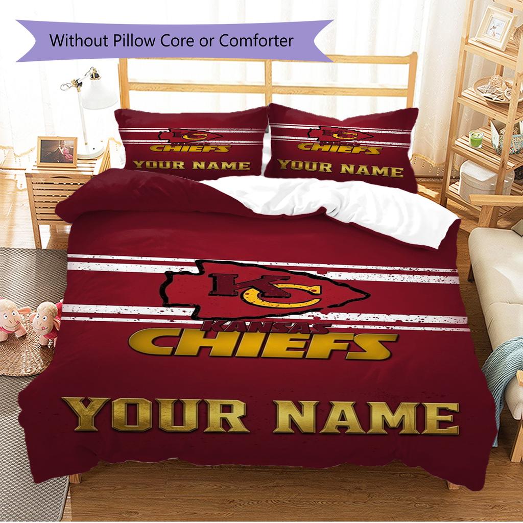 Name Custom Kansas City Chiefs Pattern Bedding Set Quilt Cover Pillowcase Home Decor Gift (1 * duvet cover + 2 * pillowcase, without core)