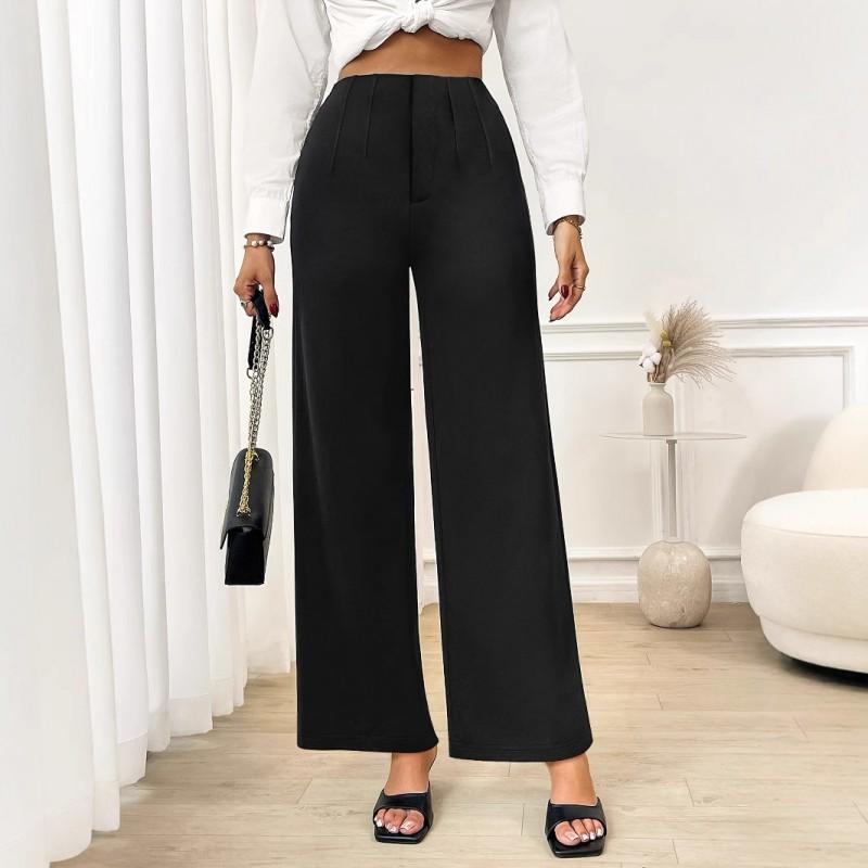 Womens High-Waisted Wide-Leg Stretch Trousers Office Workwear Elegant Straight Cut Business Casual Pants
