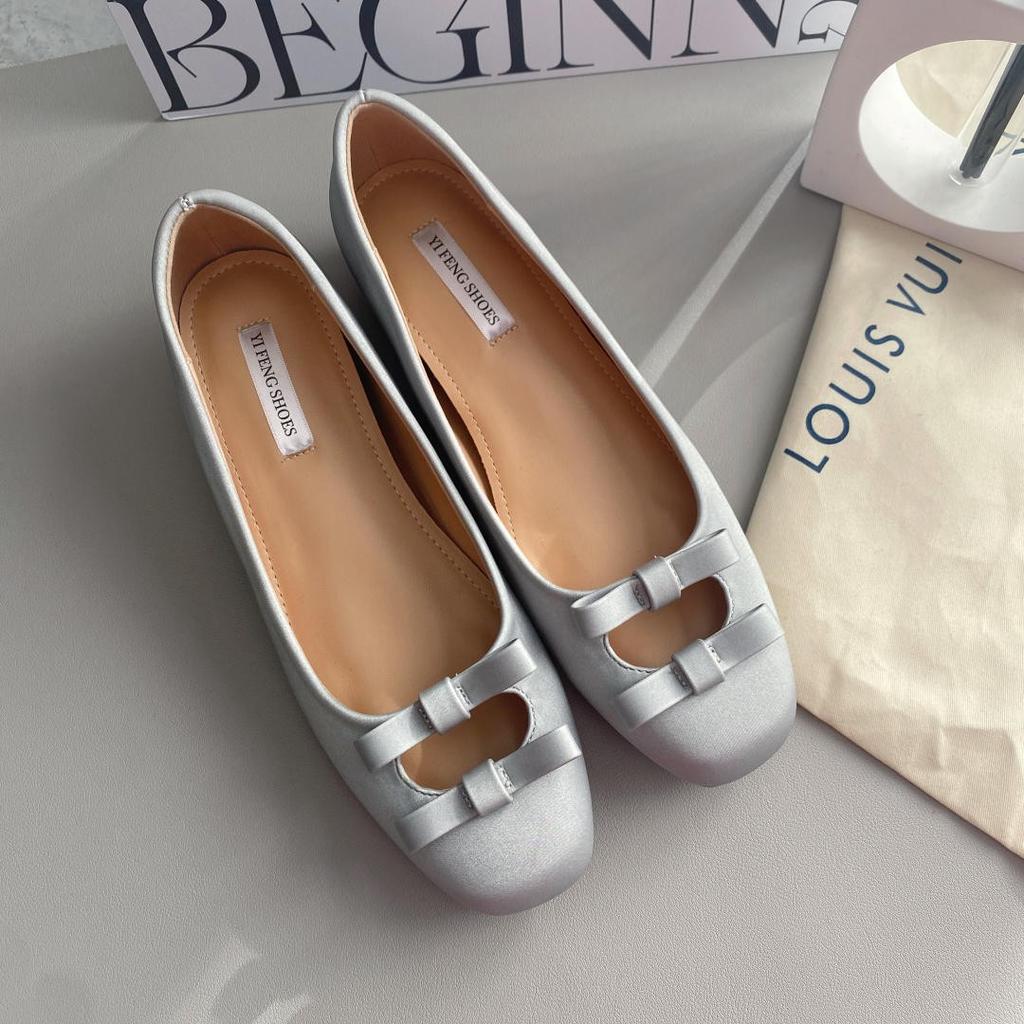 Туфли-лодочки из овчины с небольшим внутренним увеличением высоты, женские, с вырезом, с французскими вечерними бантами, серебристые балетки