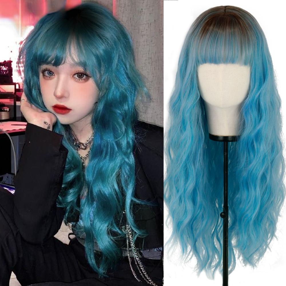 MERISIHAIR Long Ombre Synthetic Orange Red Black Pink Wigs with Bangs Water Wave Synthetic Heat Resistant Fiber Wigs for Women