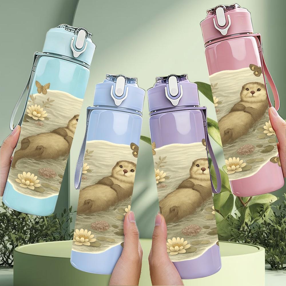1PC Floral Floating Otter 750ml Color Plastic Sports Water Bottle Leakproof Flip Straw Lid Suitable for Sports Office Home Use