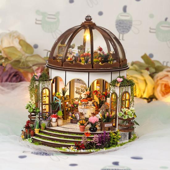 1 комплект DIY Mini Greenhouse Kit со светодиодной подсветкой Мебель для детей и взрослых, ручная работа Деревянный крошечный садовый домик Строительная модель Кукольный домик Украшения