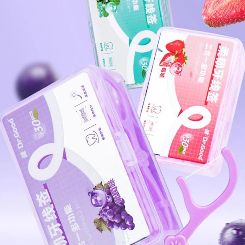 30pcs/Box Fruit Flavored Adult Dental Floss Swab Portable And Smooth Cleaning Dental Floss Stick Cleaning Oral Cavity Home