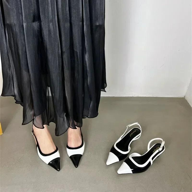 Designer Black White Color Low Heeled Sandals Women Sexy Pointed Toe Slingbacks Chunky High Heels Women Elegant Heels