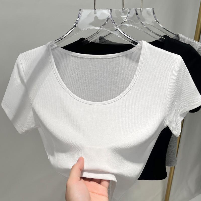 Short-sleeved T-shirt for Women's New Women's Collarbone Exposed U-neck Base Shirt Temperament Short Waist Top