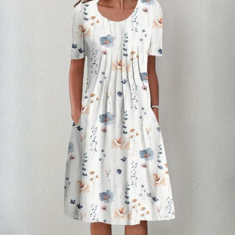 Женская мода лето весна однотонный принт с коротким рукавом и круглым вырезом с высокой талией повседневные платья