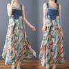 DIMANAF 2025 New Summer Women Plus Size Loose Vintage Printing Dress Basic Denim Spliced Sundress Casual Long Dress