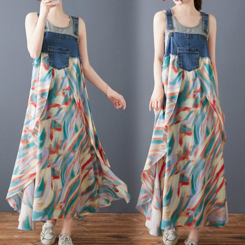 DIMANAF 2025 New Summer Women Plus Size Loose Vintage Printing Dress Basic Denim Spliced Sundress Casual Long Dress